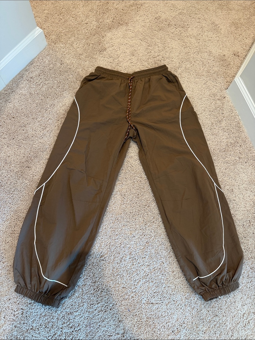 Women’s Brown Elastic-Waist Track Pants with Reflective Piping